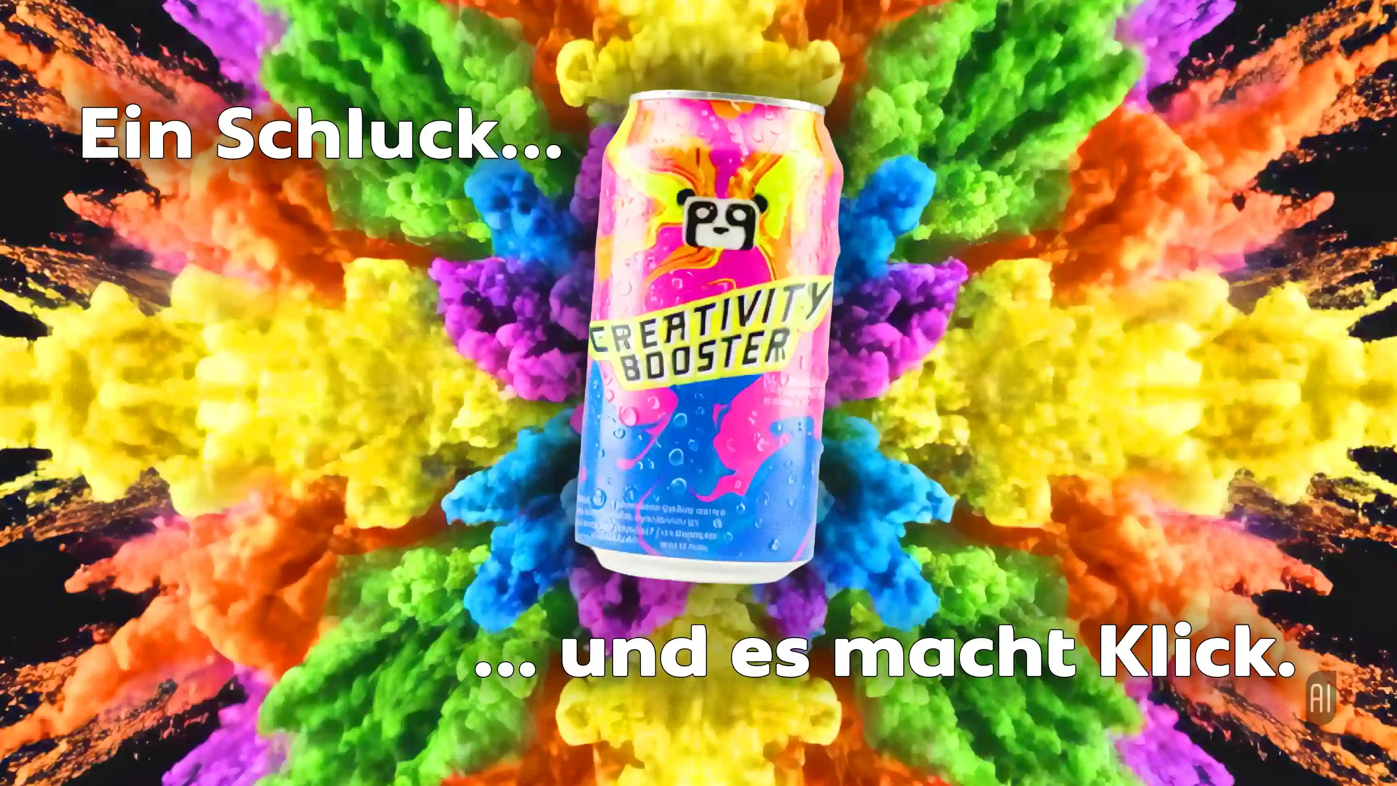 Bunte Farbpulver-Explosion hinter einer Dose mit Panda-Logo und Aufschrift „Creativity Booster“. Text: „Ein Schluck… und es macht Klick.“ Psychedelisches, lebendiges Design für ein Erfrischungsgetränk.