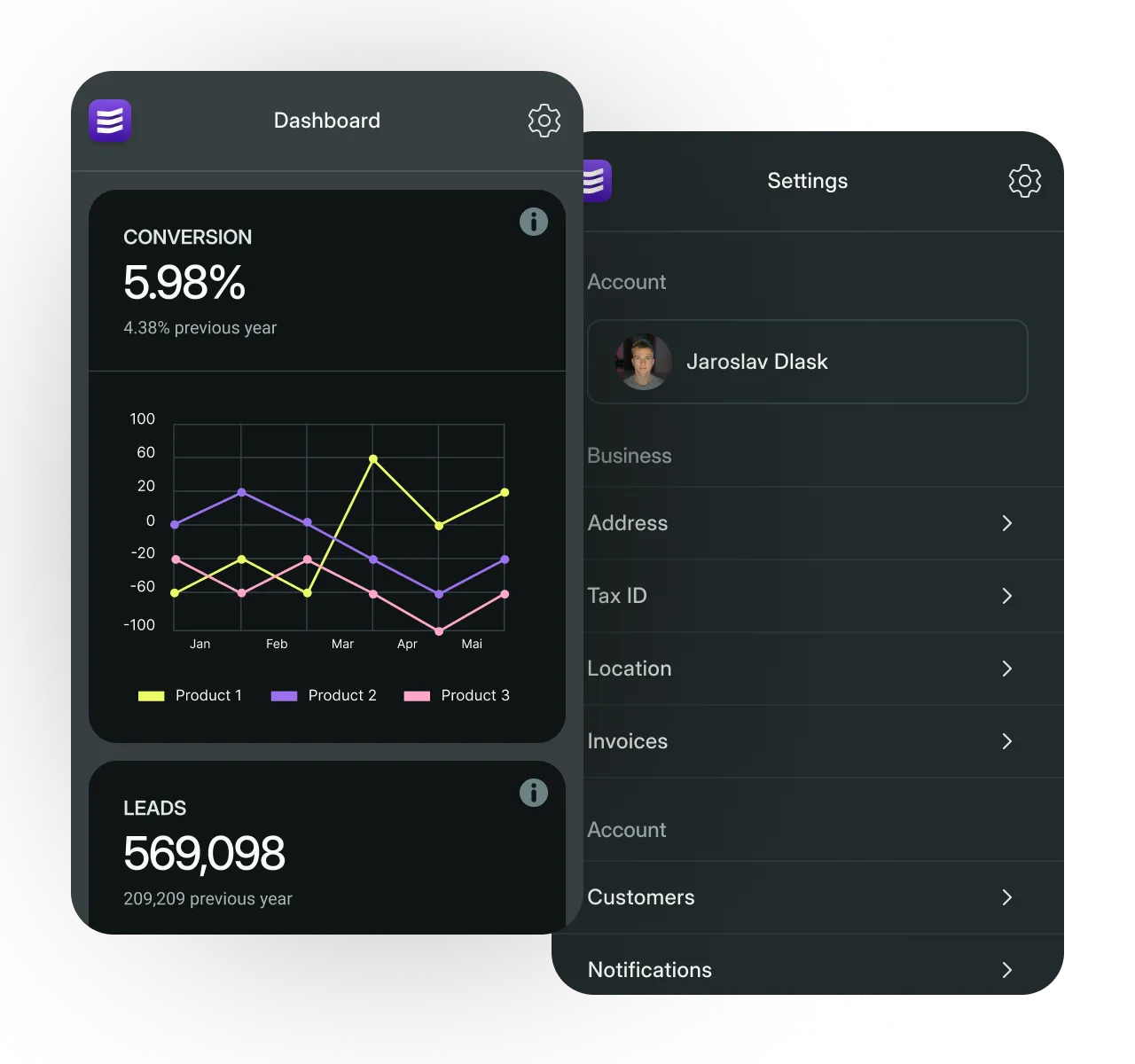 Envision template mobile SaaS
app screen in dark mode.