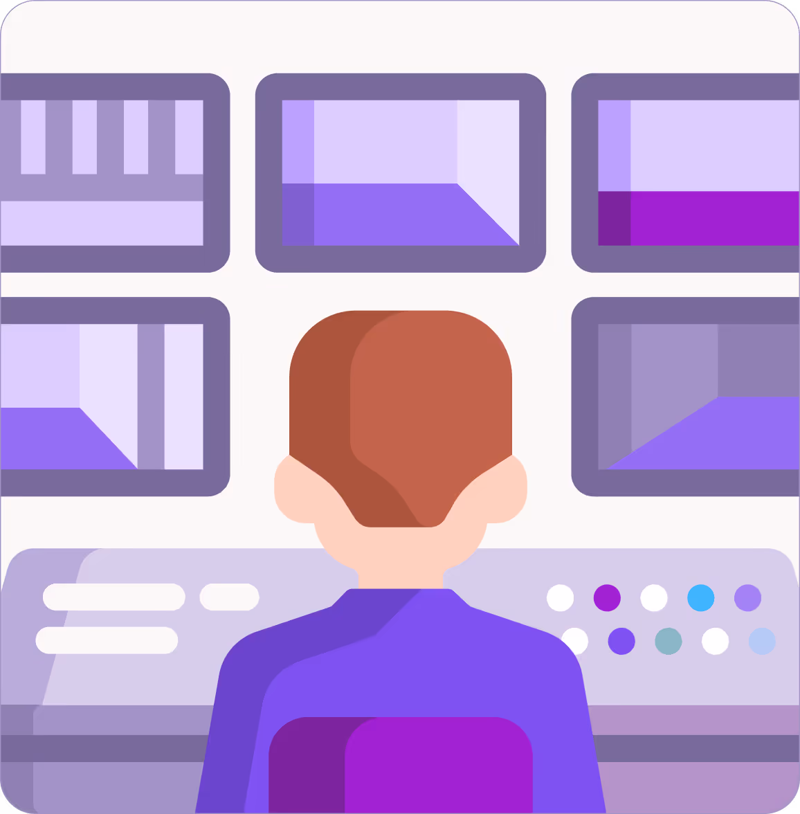 Illustration of an analyst monitoring AI controls across multiple screens