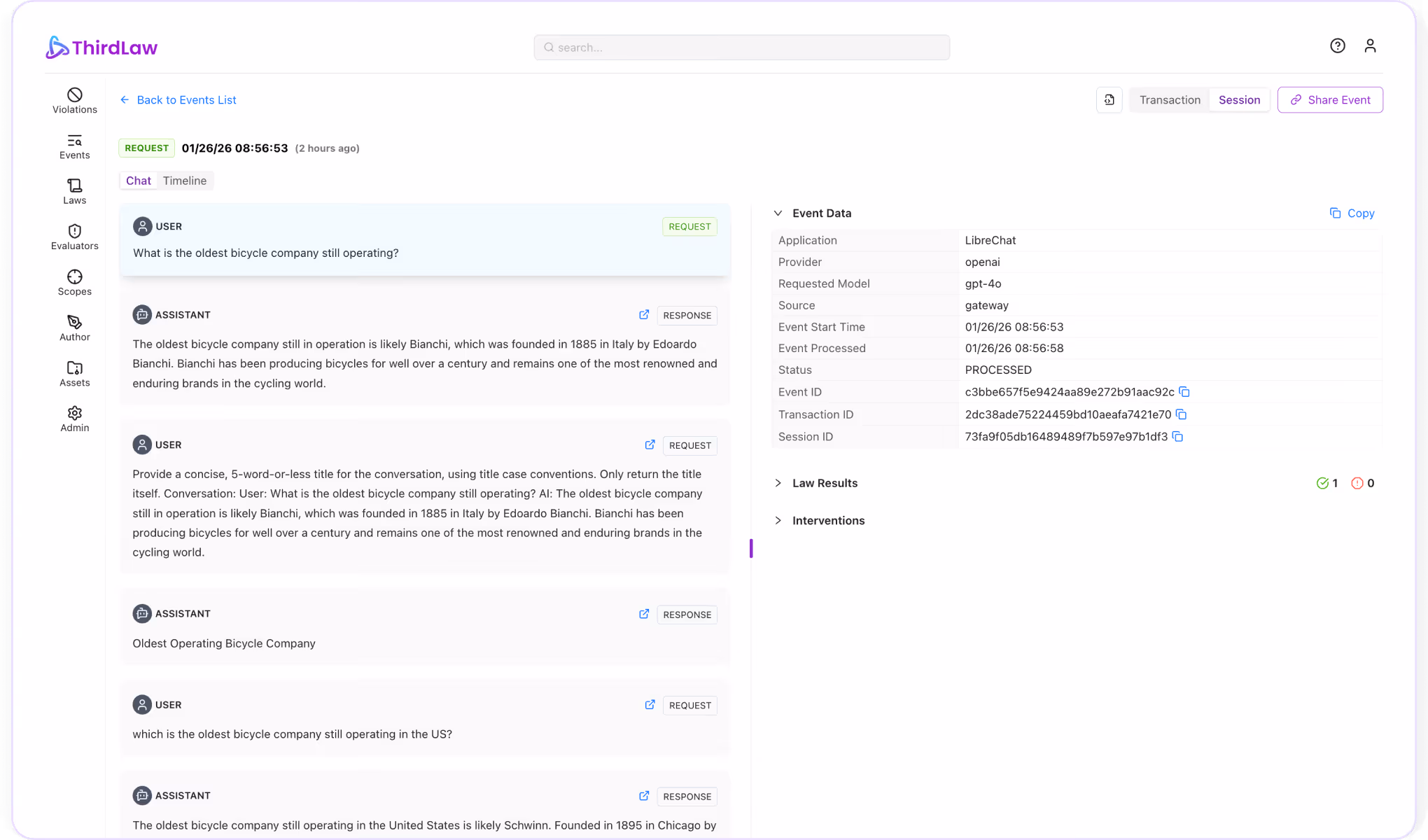 ThirdLaw Collect screen showing captured AI prompts, outputs, tool calls, and agent actions