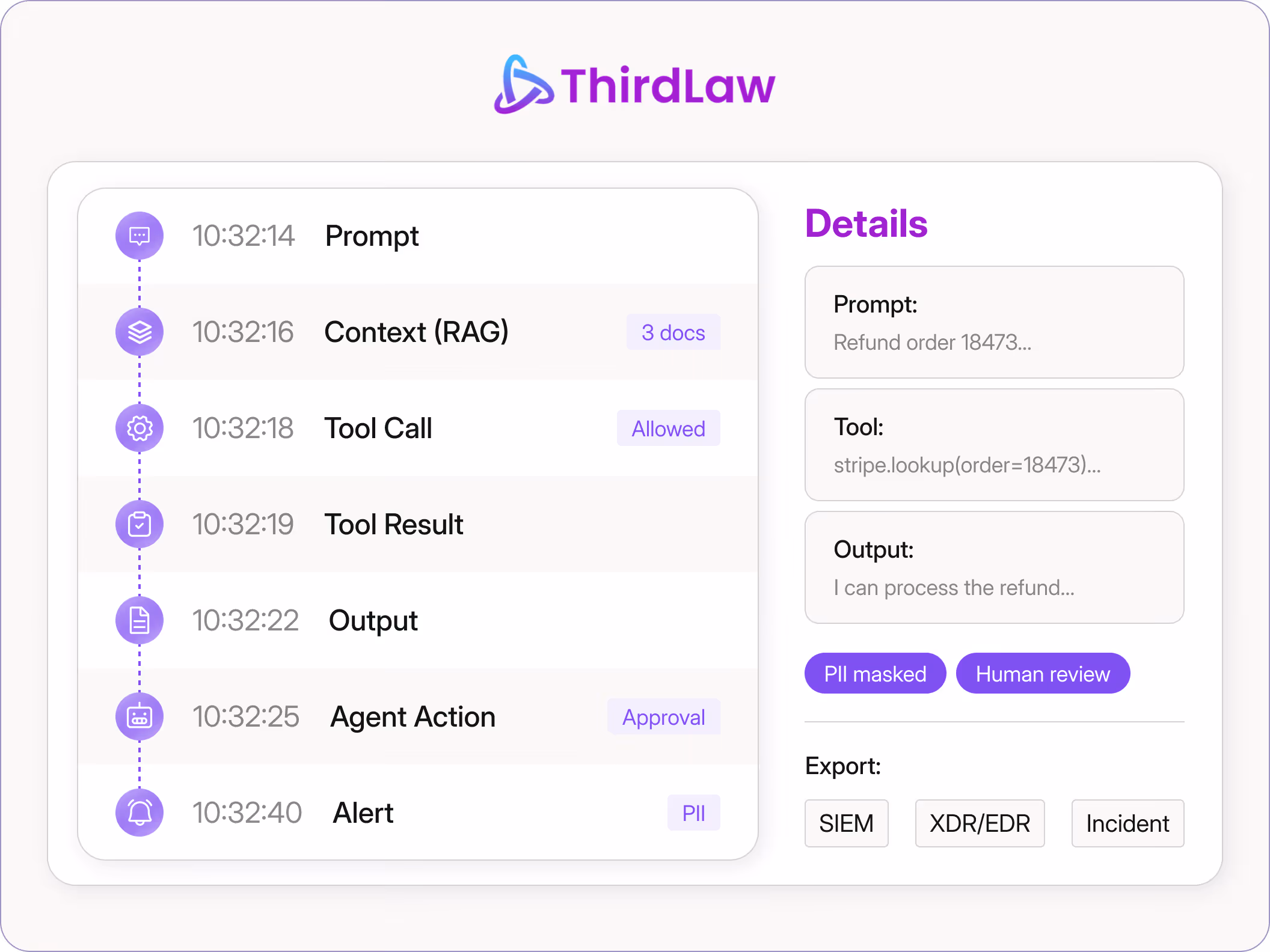 AI session timeline showing prompt, context, tool call and result, output, agent action, and alert with export options