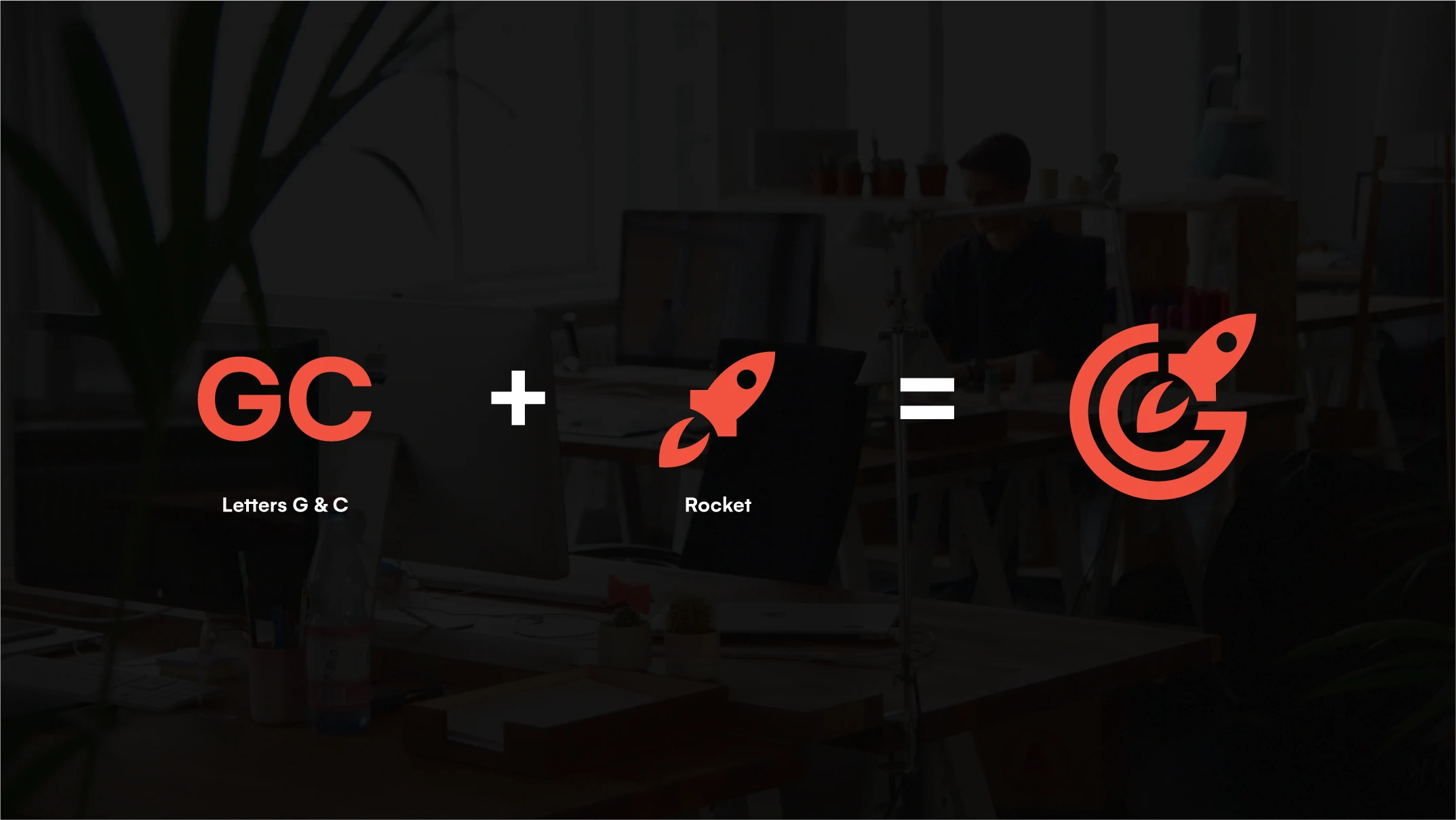 Equation showing GC letters plus rocket icon equals Garage Crew logo