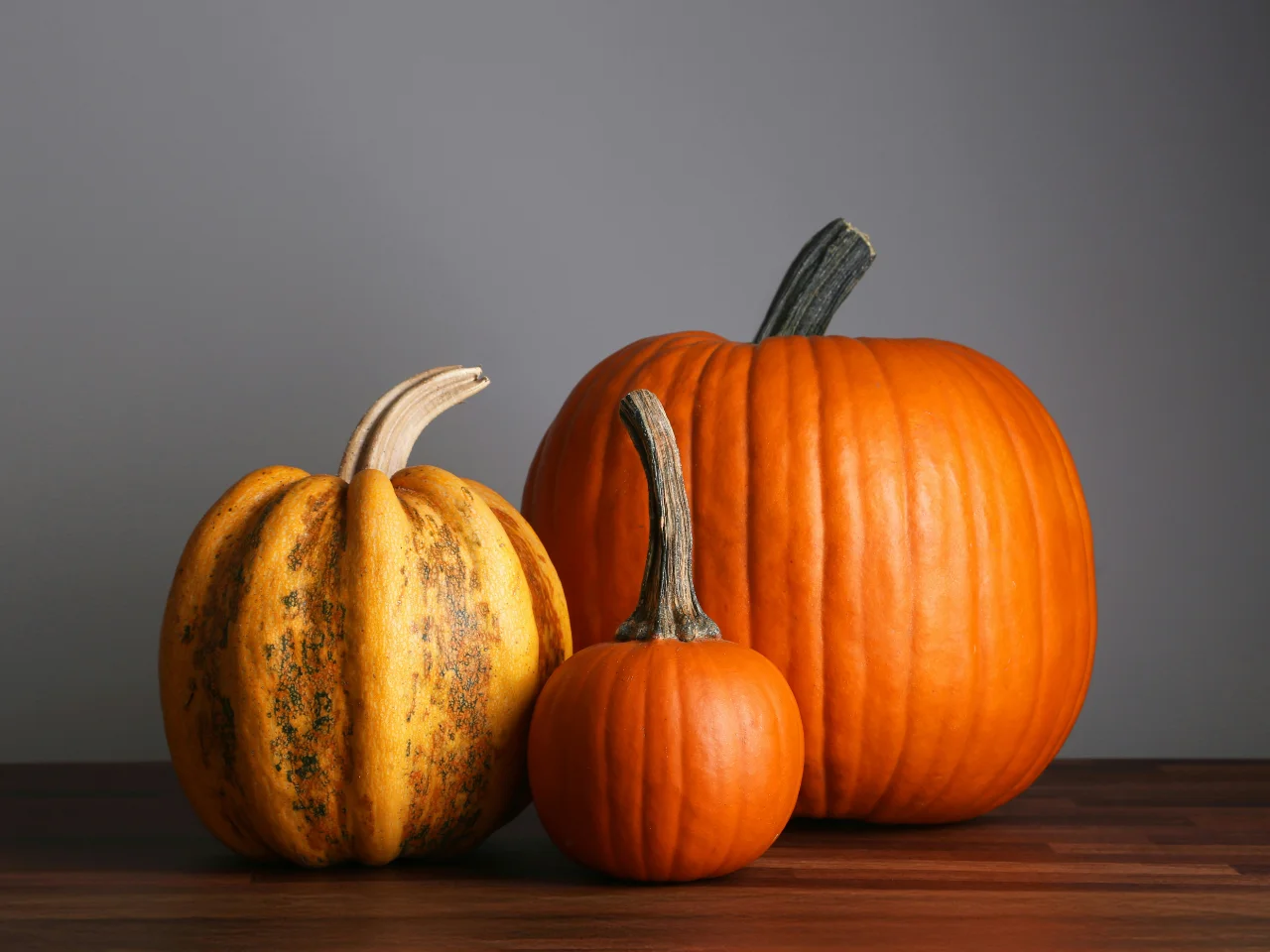 Two orange pumpkins on a wooden table, a fibre-rich food that is good for dogs