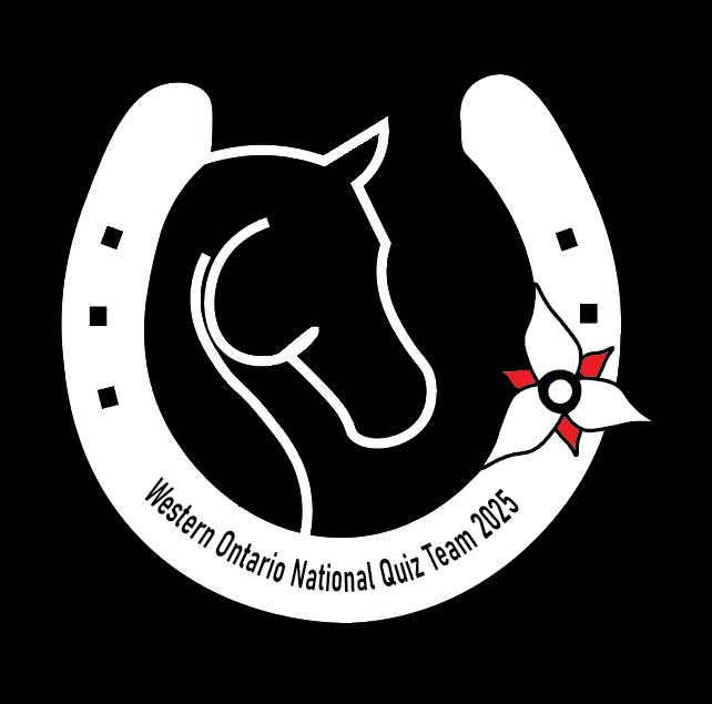 A White on black logo of a horse head inside of a horse shoe with a trillium and text on the bottom 