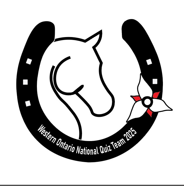 A black on white logo of a horse head inside of a horse shoe with a trillium and text on the bottom 