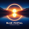 A sunset with a blue portal logo.