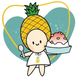 23度半雪花冰舖的吉祥物-鳳梨娃娃拿著一碗紅色雪花冰，背景為藍色開心除了為主題色外也希望顧客吃得安心。