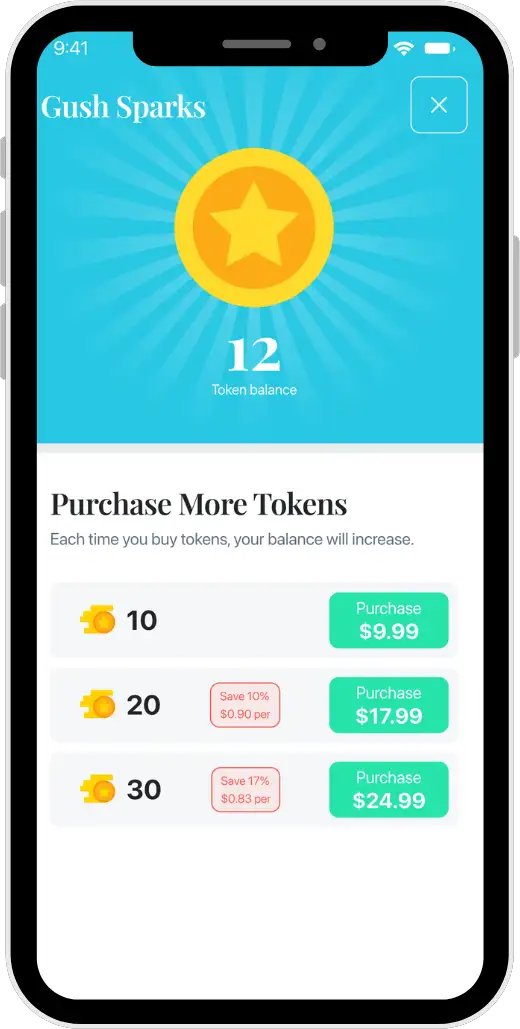 Gush Sparks app interface for purchasing tokens and check balance