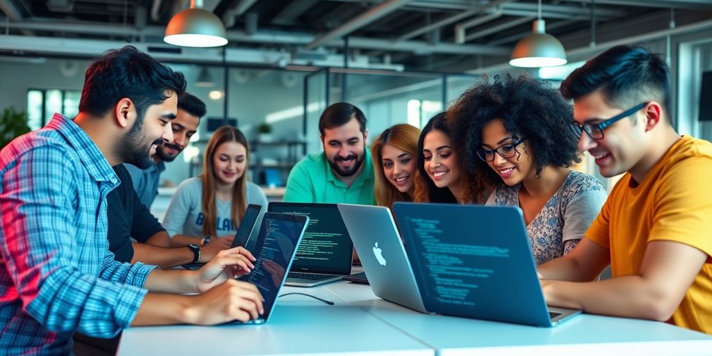 Group of app developers working together in a modern office.
