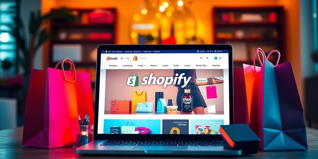 Laptop displaying a Shopify store with vibrant products.