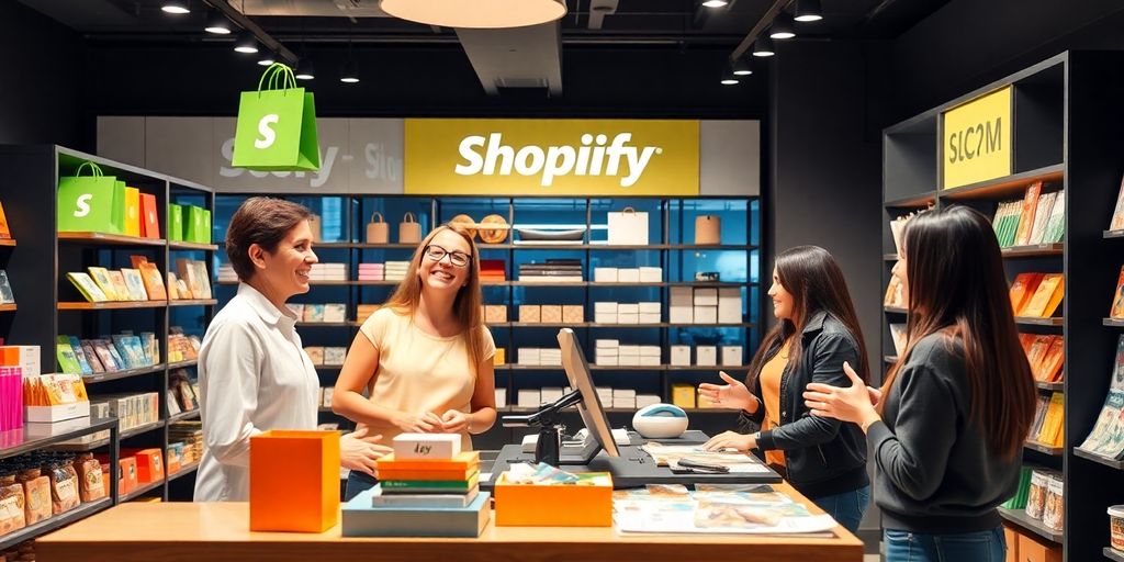 Photograph of a bustling Shopify store with happy customers.