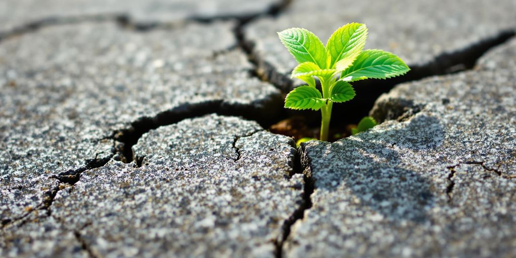A green plant emerging from cracked concrete.
