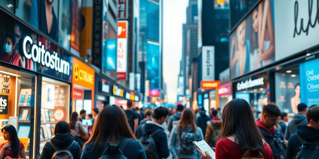 People shopping online in a lively urban setting.