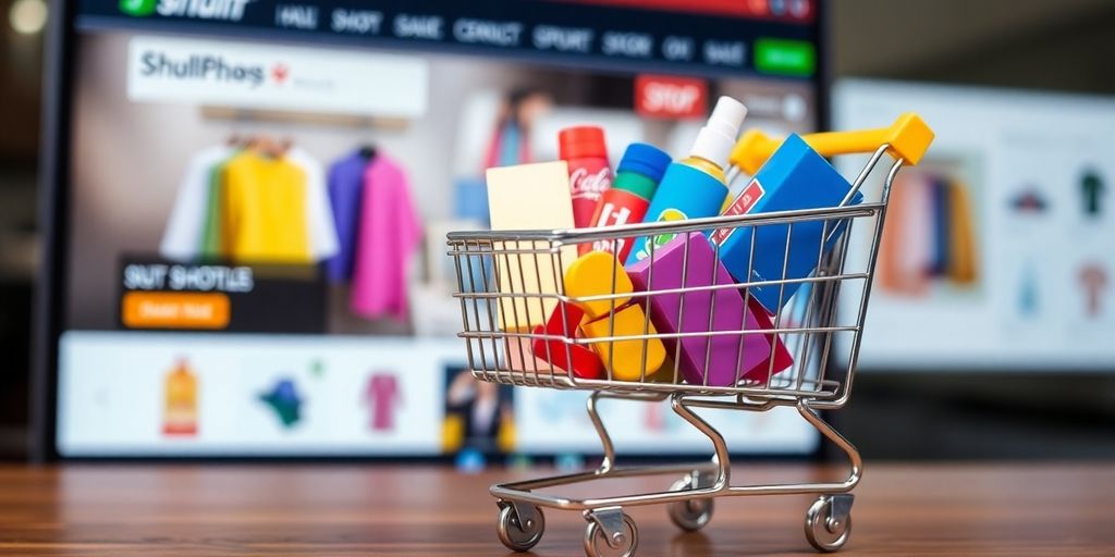 Shopping cart filled with products on a table.