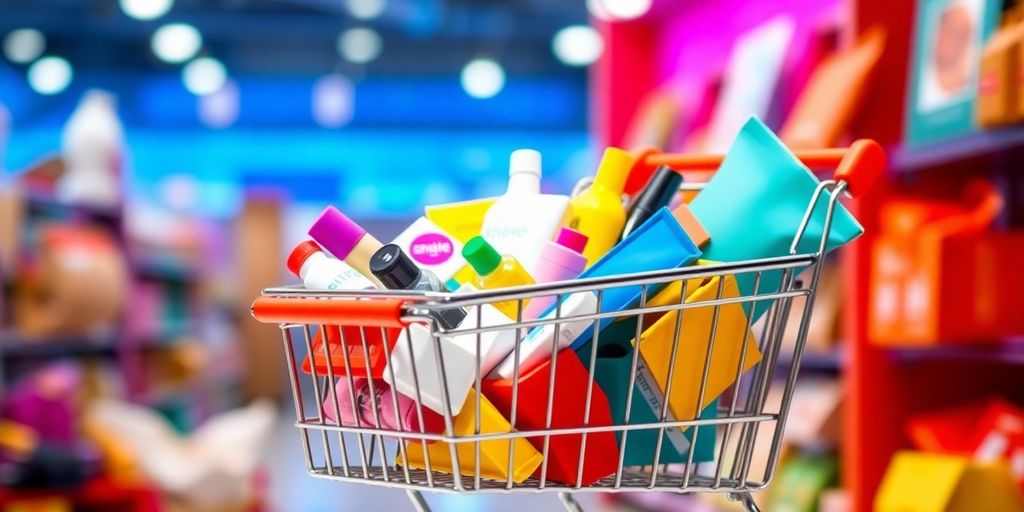 Shopping cart filled with various products for upselling.