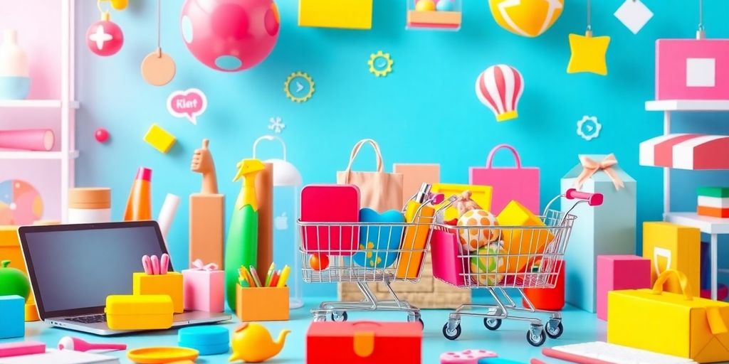 Diverse products and shopping carts in an e-commerce setting.