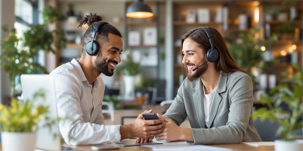 Customer support representative assisting a happy customer.