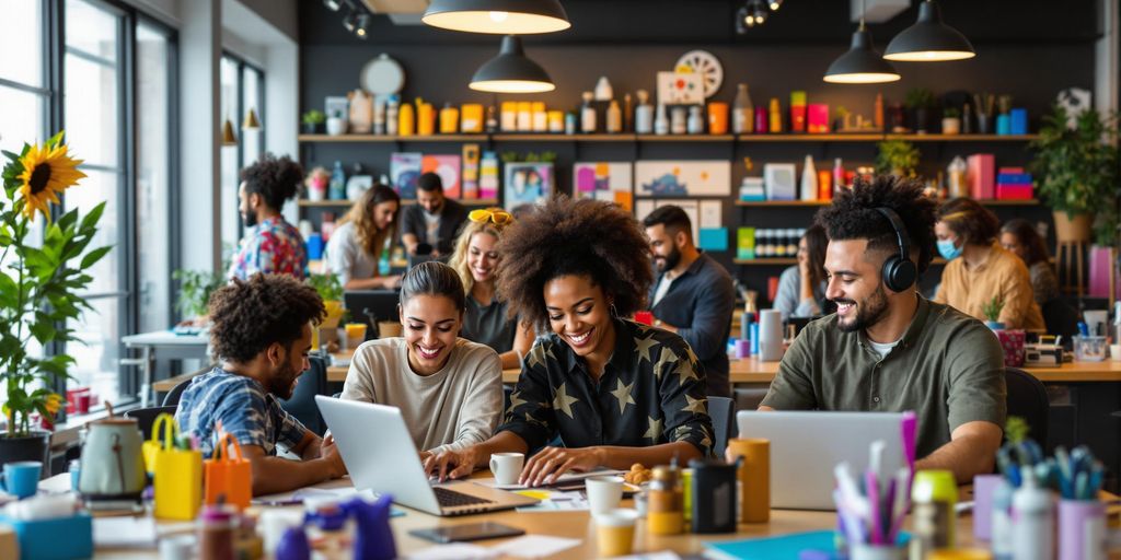 Diverse entrepreneurs collaborating in a modern e-commerce workspace.