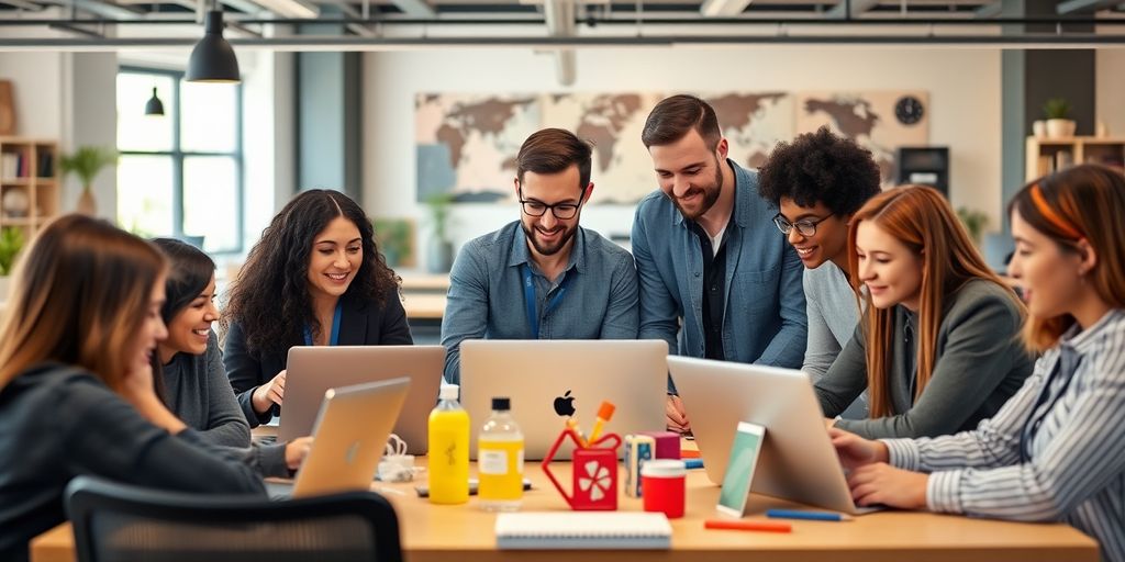 Diverse entrepreneurs collaborating in a modern workspace.