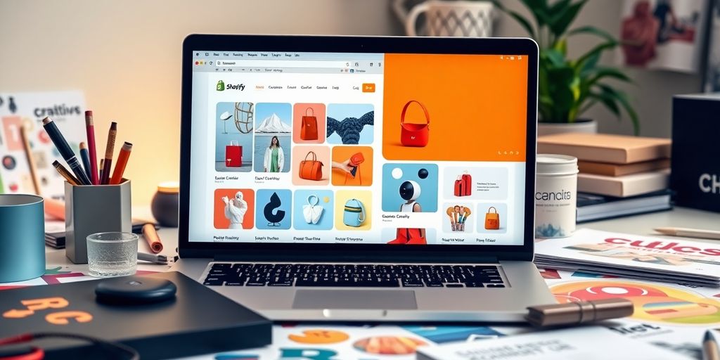 E-commerce workspace with laptop and colorful branding materials.
