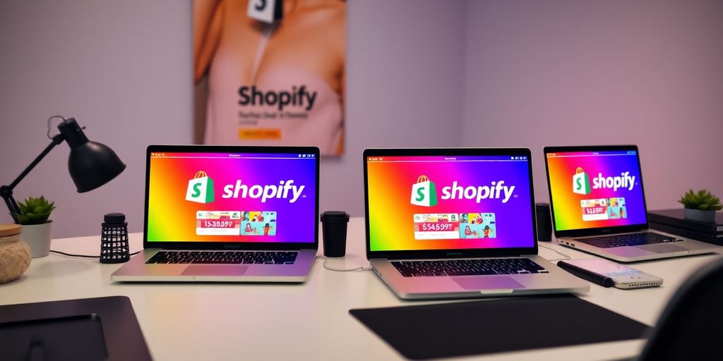 Photographic image of a workspace with Shopify logos.
