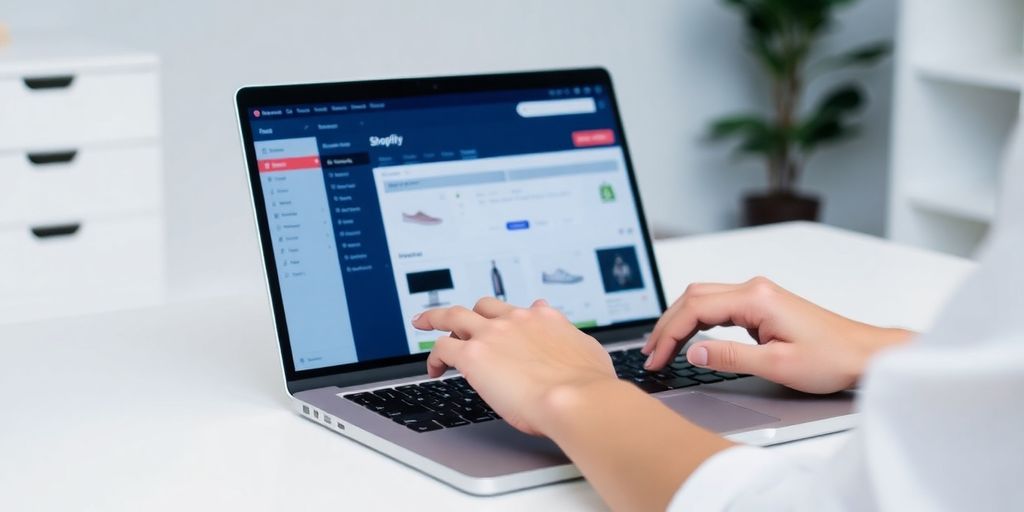 Person logging into Shopify admin panel on a laptop.