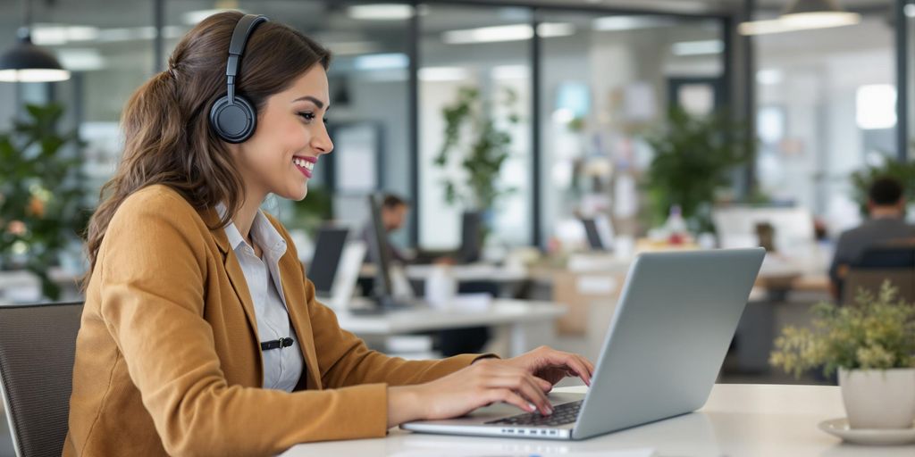 Customer service agent using live chat on laptop.