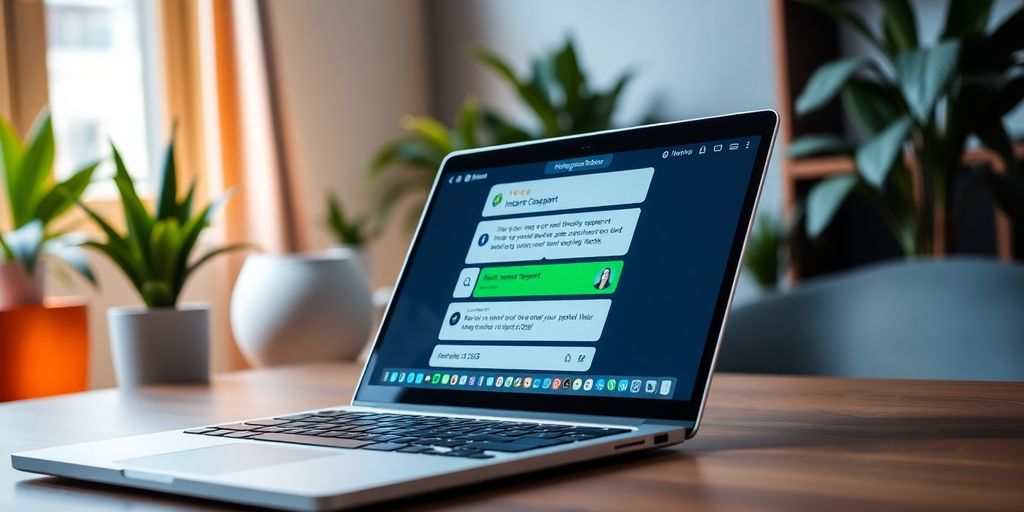 Laptop displaying live chat interface in a workspace.