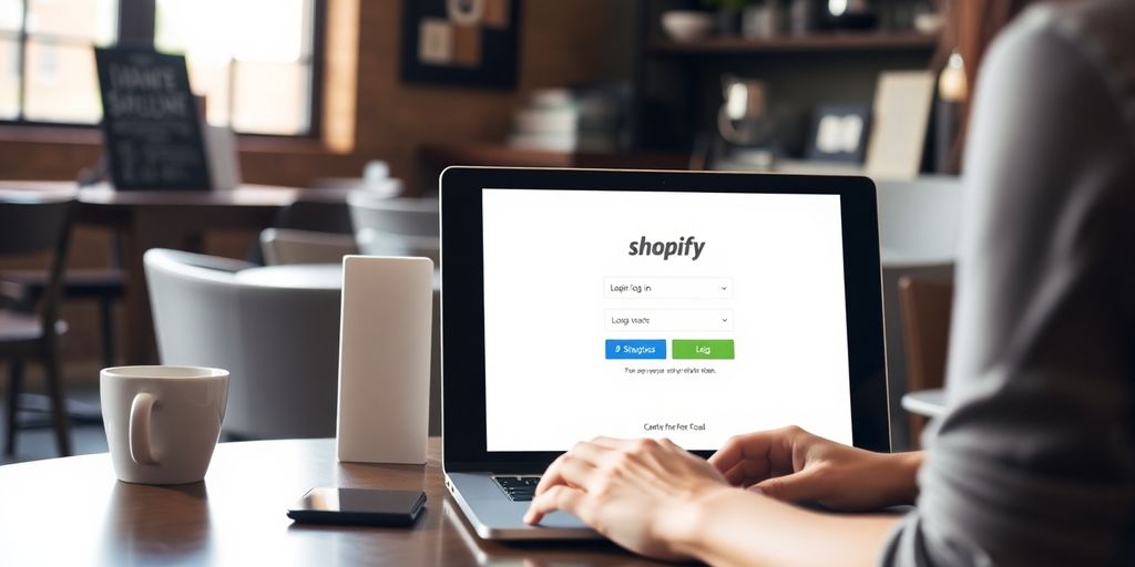 Person logging into Shopify on a laptop at cafe.