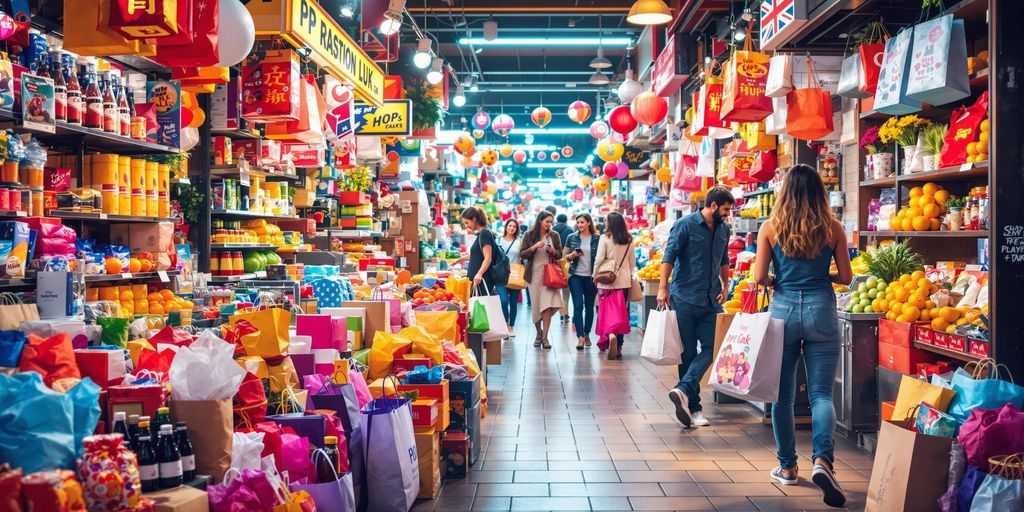 Colorful shopping scene with bags and products.