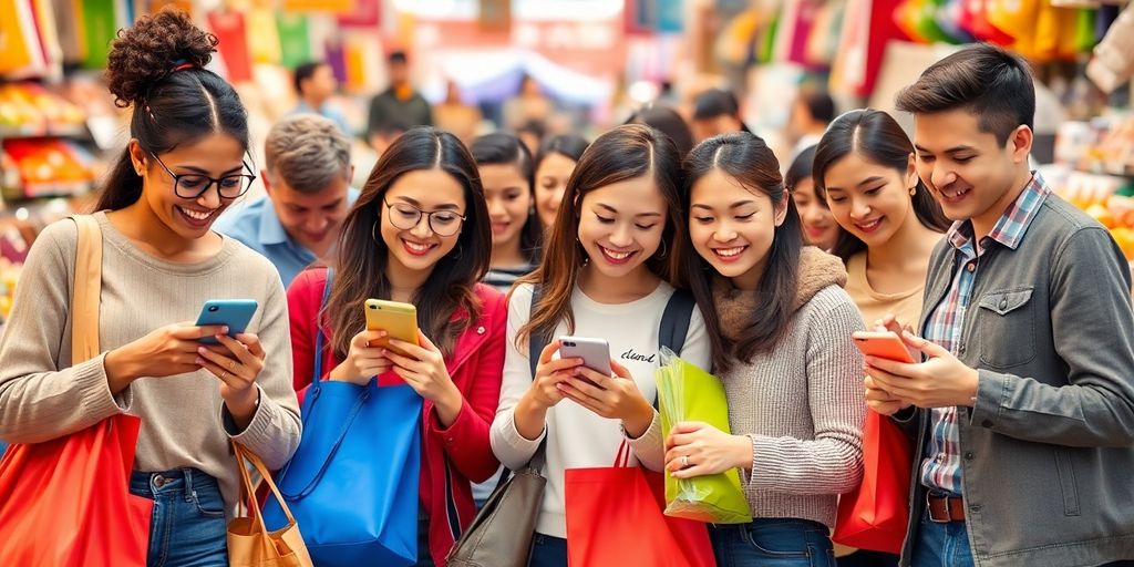 Diverse shoppers using smartphones in a lively market.