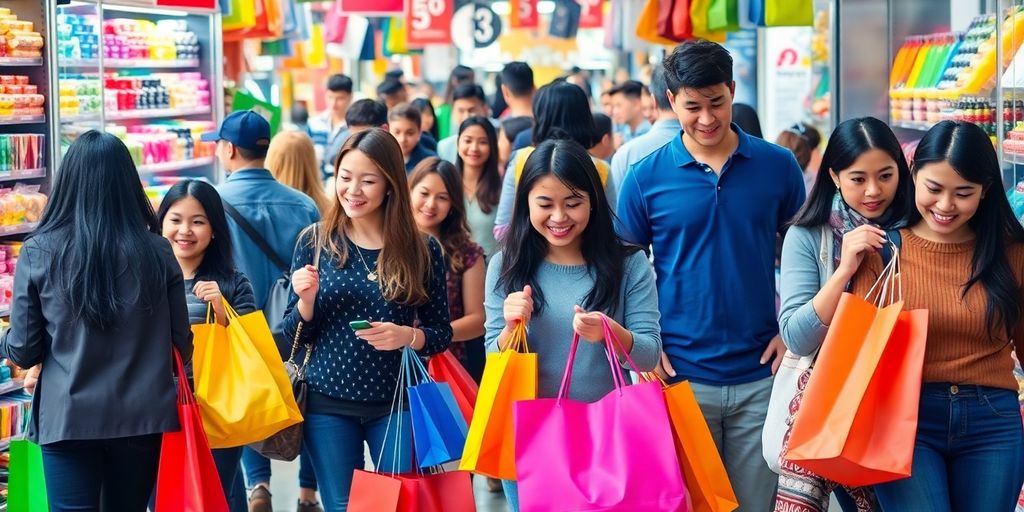 Vibrant shopping scene with diverse shoppers and colorful bags.