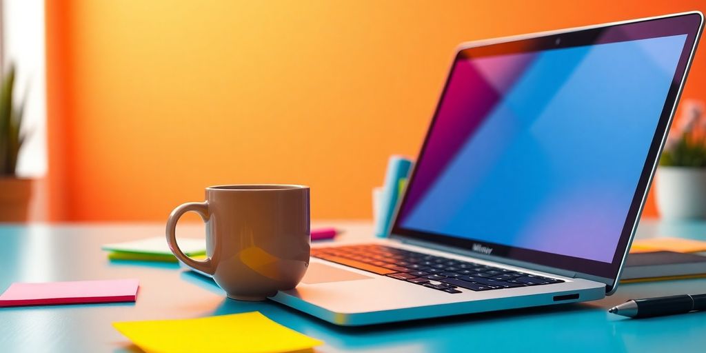 Photograph of a workspace with a laptop and coffee.