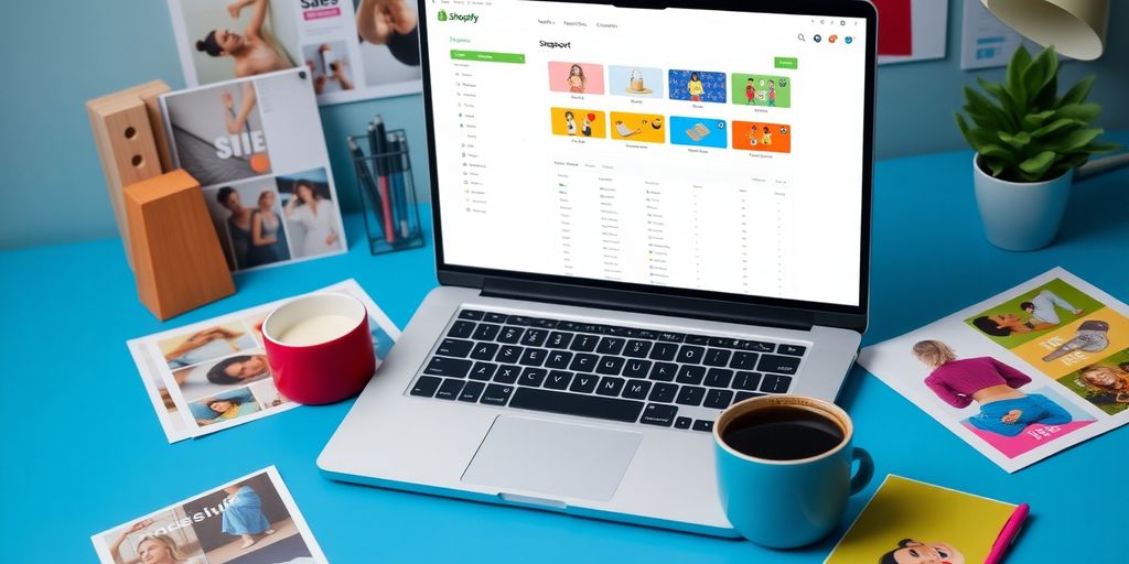Modern workspace with Shopify dashboard and marketing materials.