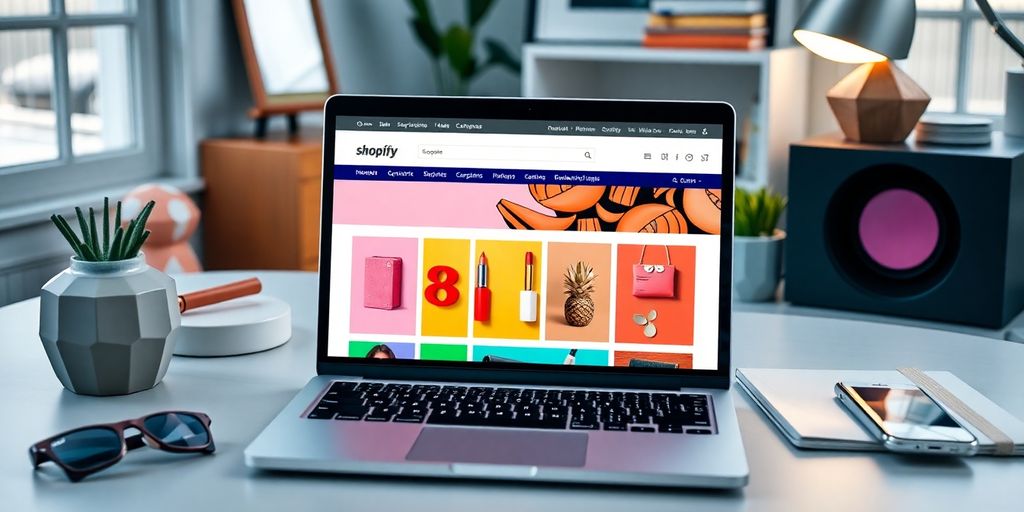 Laptop showing a Shopify website in a stylish workspace.