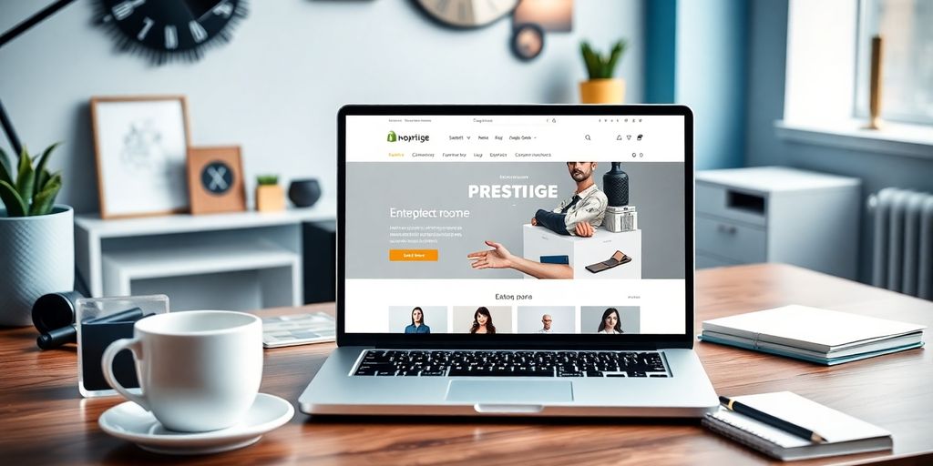 Modern ecommerce workspace with laptop and stylish decor.