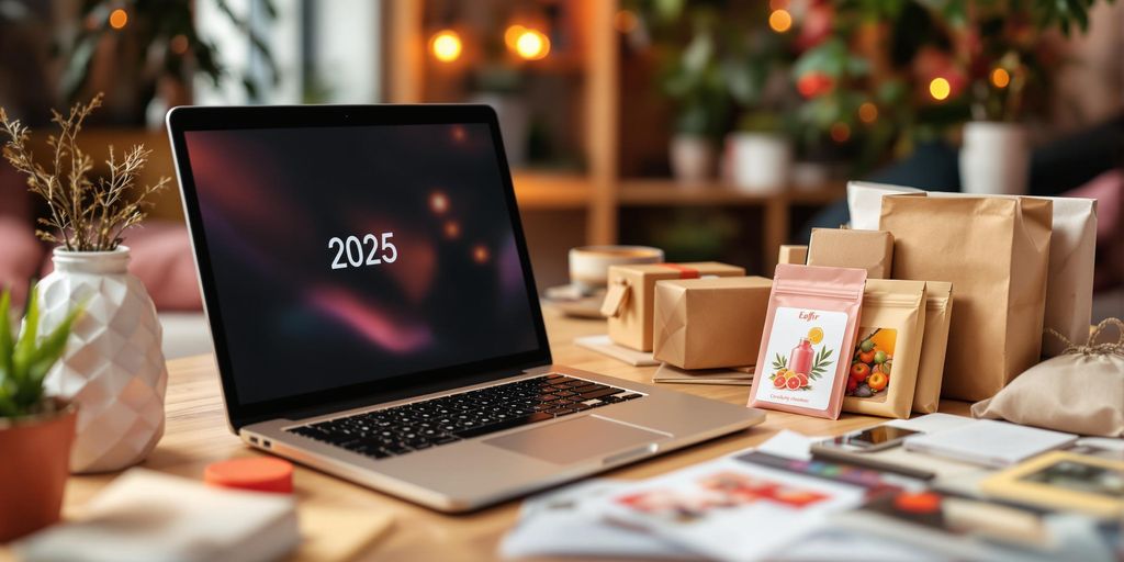 Ecommerce workspace with laptop and product samples.