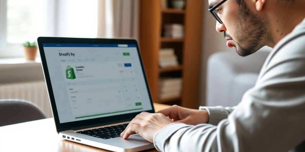 Person reviewing Shopify account on a laptop in workspace.