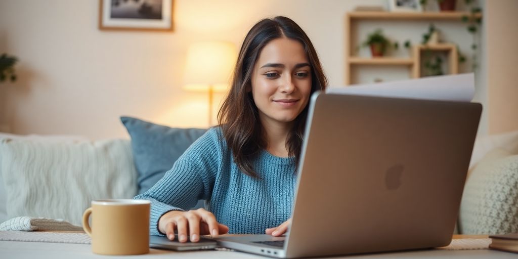 Person at laptop in a cozy workspace.