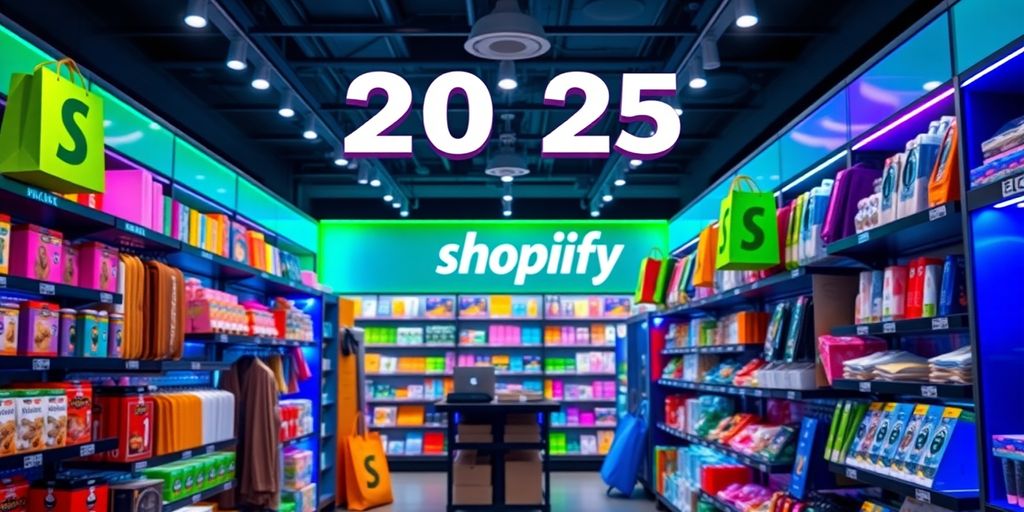 Colorful Shopify store display with various products for sale.