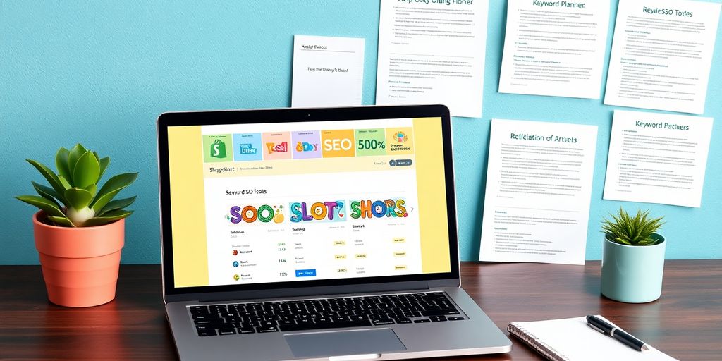 Laptop displaying Shopify dashboard with SEO tools.