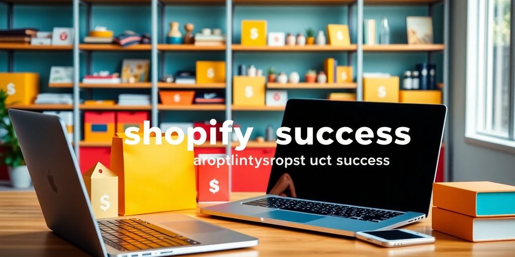 Stylish workspace with laptop and dropshipping products.