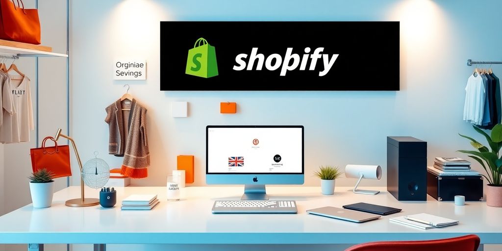 Modern dropshipping store setup with merchandise and laptop.