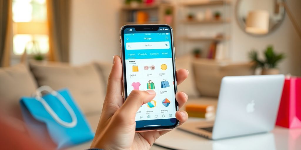 Smartphone with shopping app in a cozy living room.