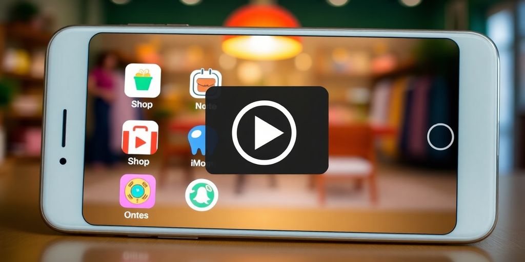 Smartphone with shop app icons and video play button.