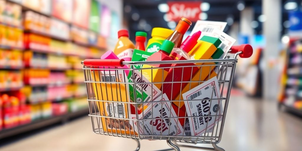 Shopping cart filled with products and discount coupons.