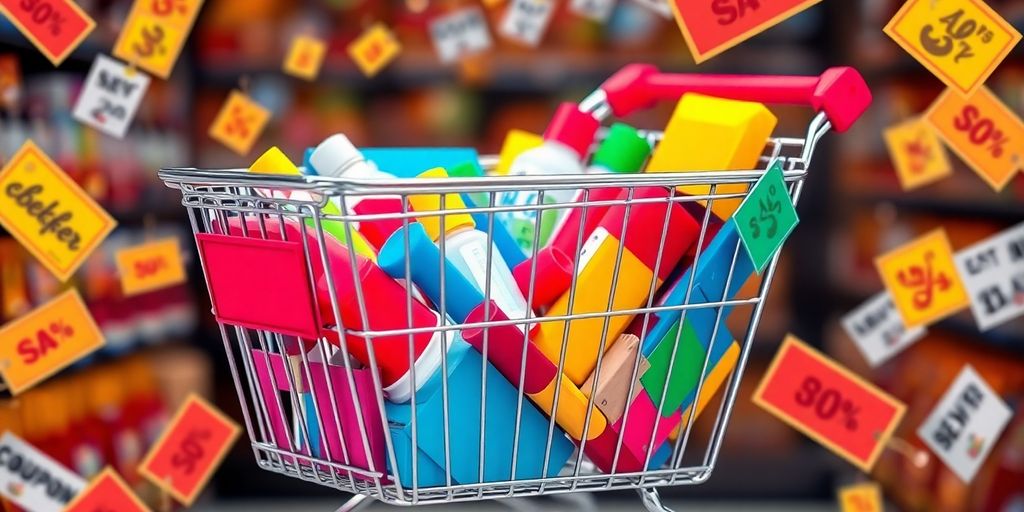 Shopping cart with products and discount coupons.