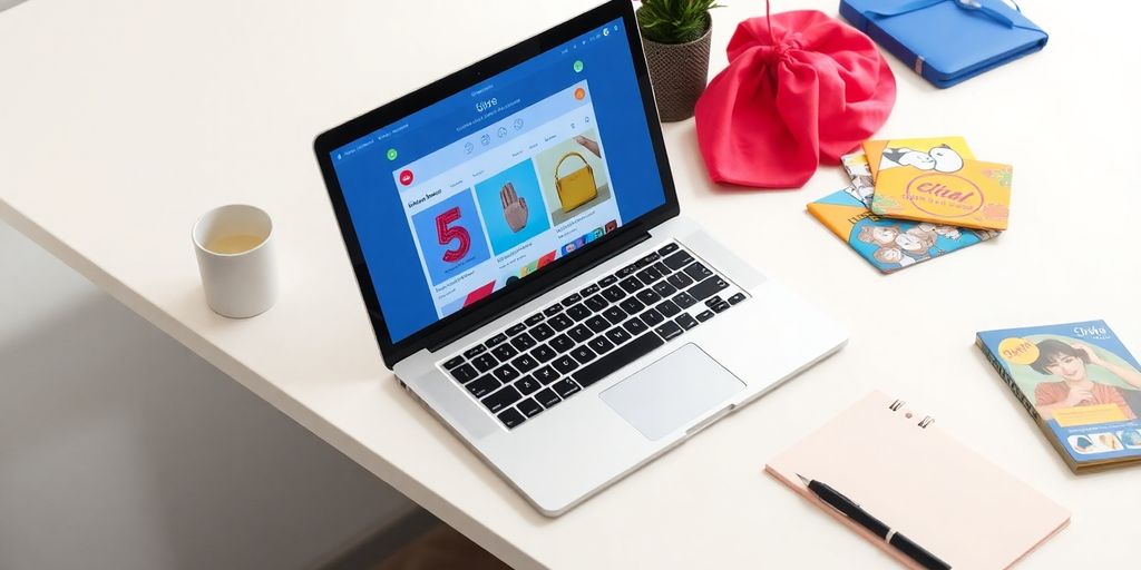 Workspace with laptop and colorful product images.