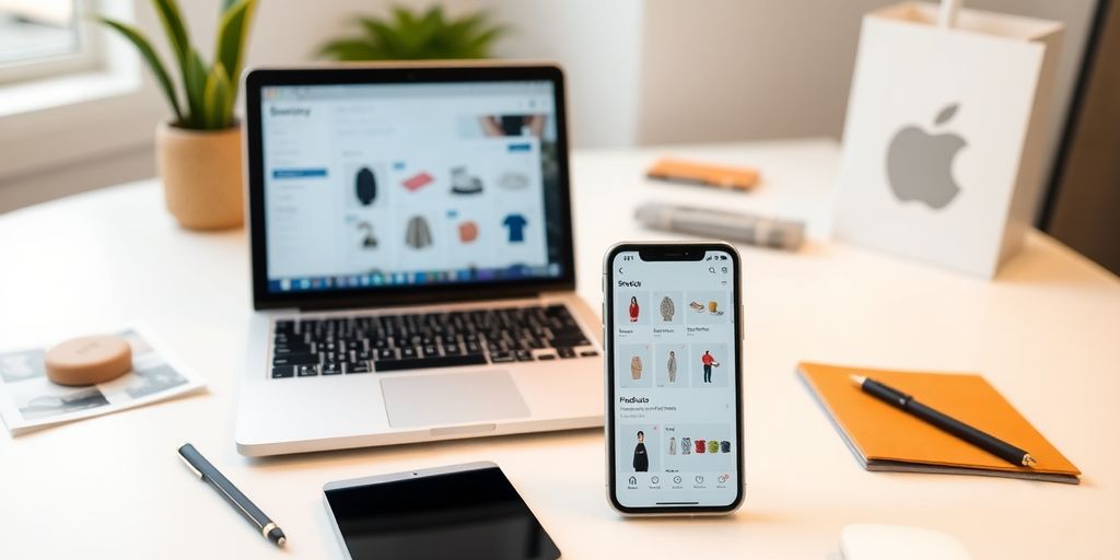 A workspace with a laptop, products, and a smartphone.