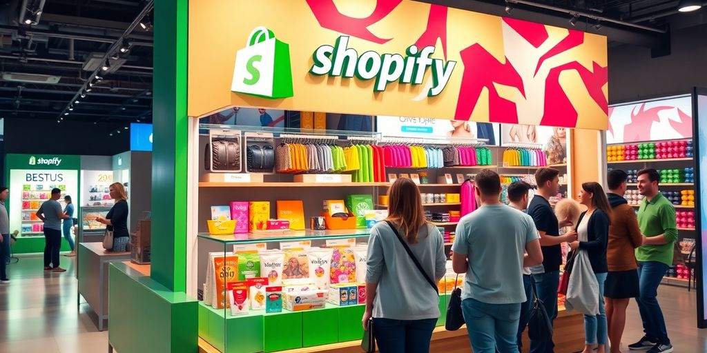 Vibrant Shopify store display with colorful products and customers.